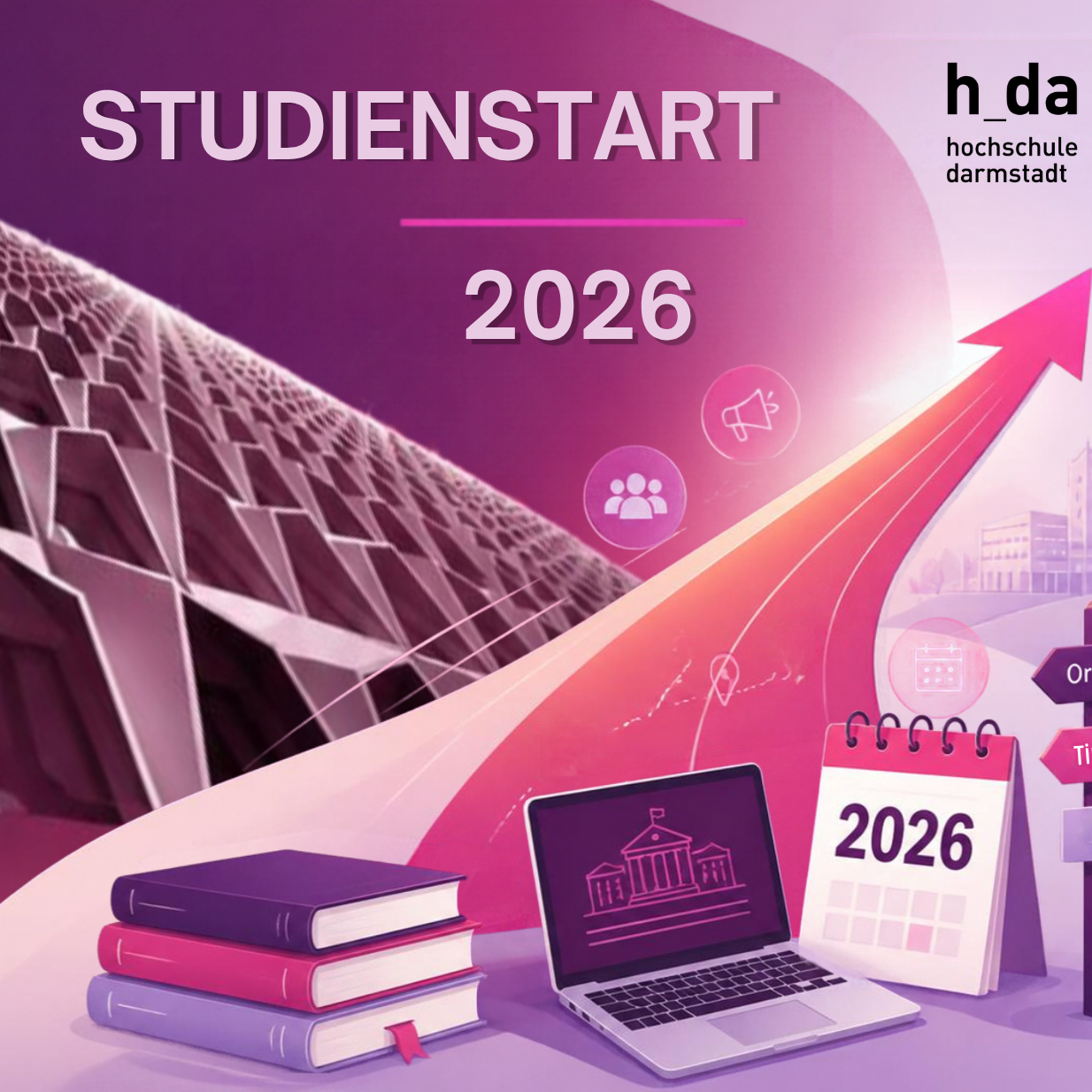Silhouette des Hochhauses der Hochschule mit Pfeil und Symbolen für ein Studium wie Laptop oder Bücher mit Wegweiser und Pfeil in Richtung des Logos der hda sowie dem Text "Studienstart 2026".